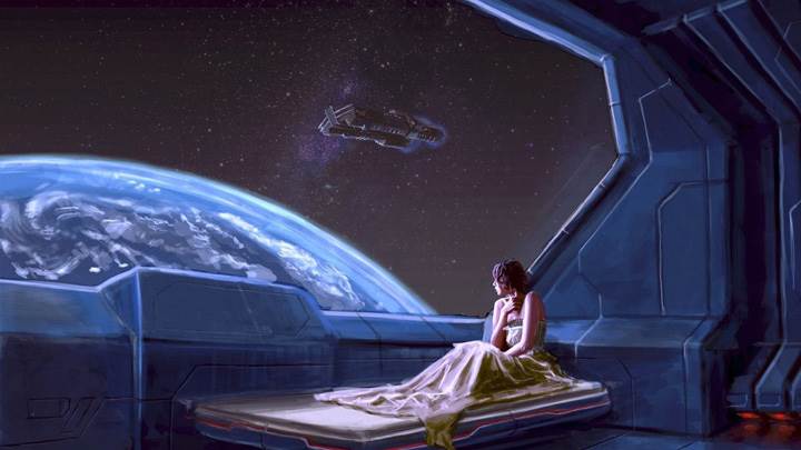 Alone Girl Sitting In A Spaceship